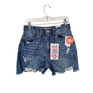 YMI Dream Collection High Rise Blue Denim Shorts Sz 13/31 NWT Distressed Cut Off